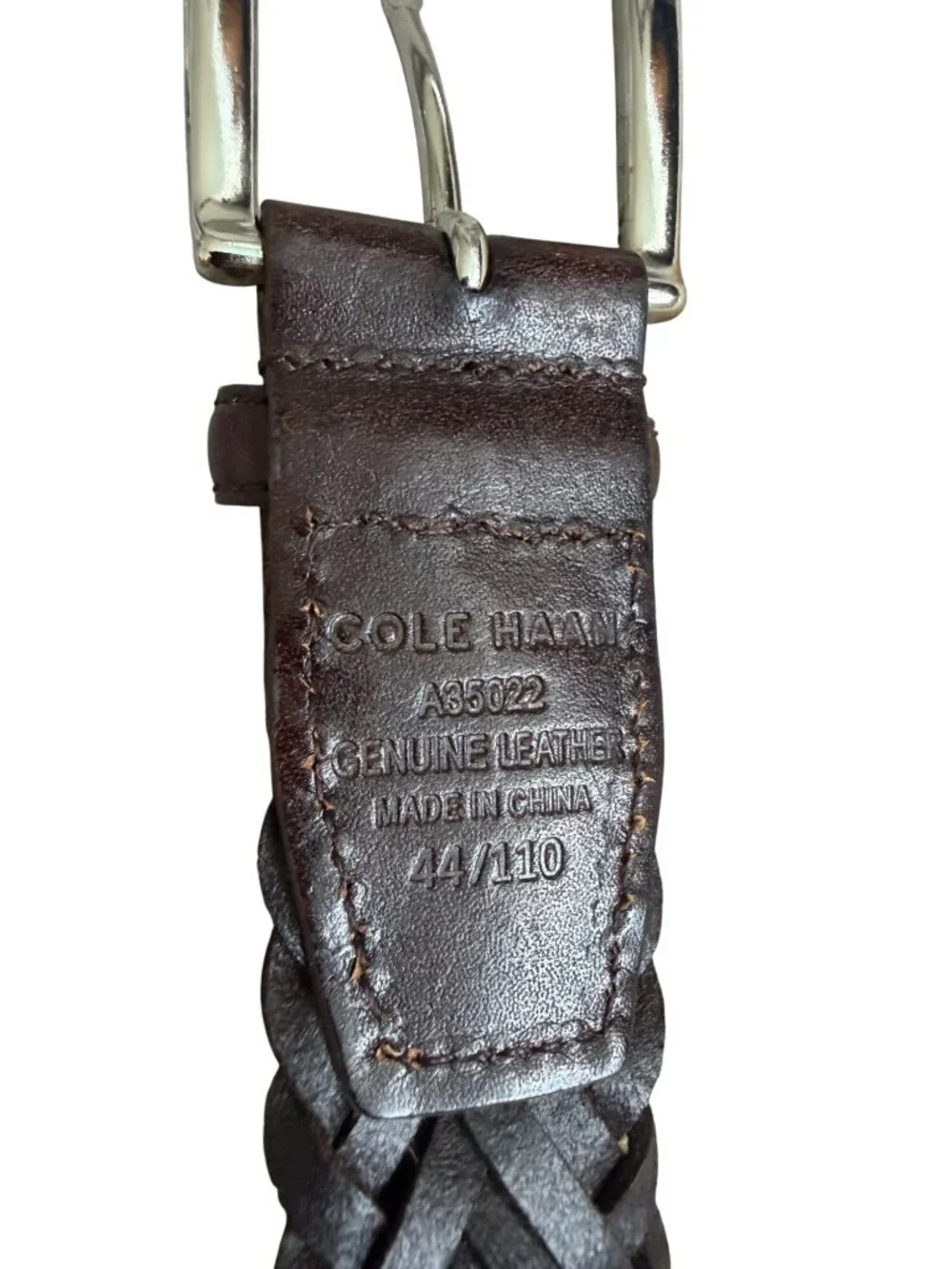 COLE HAAN Men’s Deep Brown Leather Woven Belt Size 44